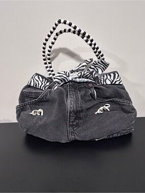Black Denim Hobo with Zebra-Print Trim and Beaded Handles